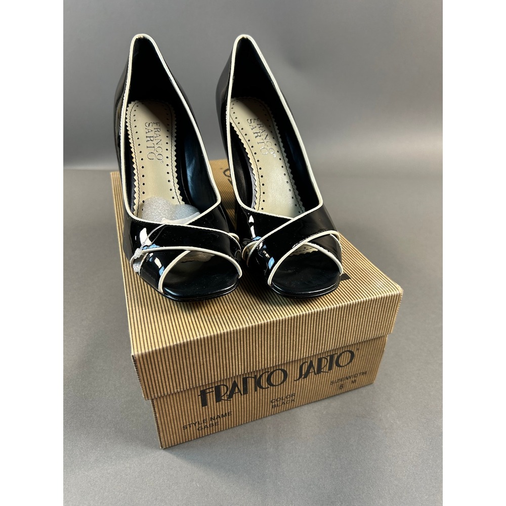 Franco Sarto Gabe Black Patent Leather Peep Toe Heels White Trim Pumps Womens 6M